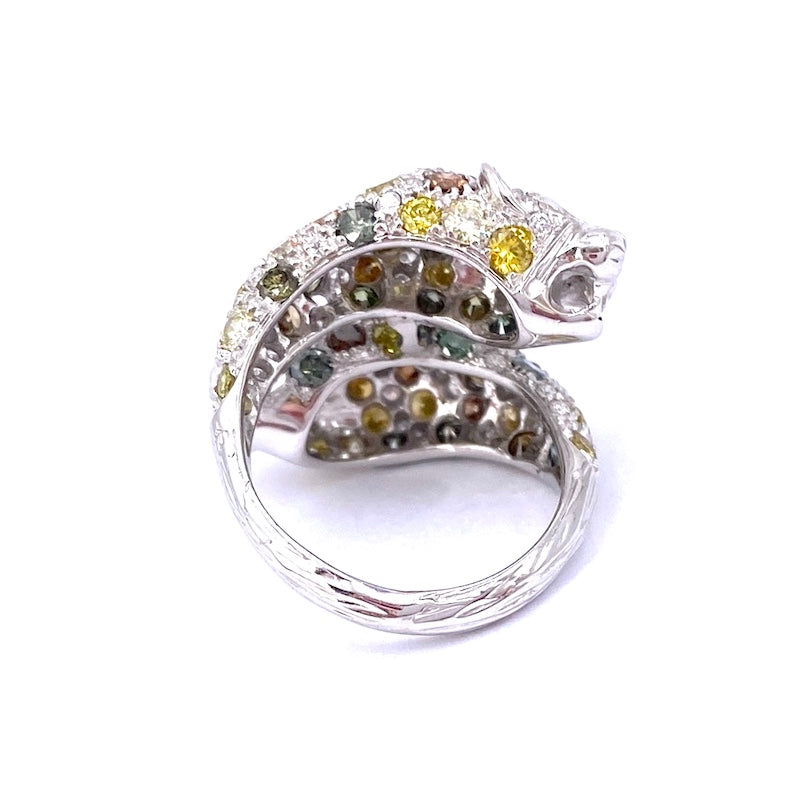 Anello pantere, contrariè, diamanti fancy e bianchi, oro bianco; 12.25 gr