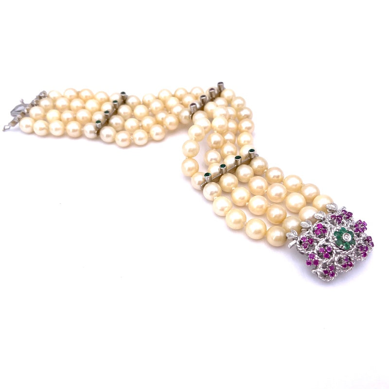 Bracciale perle a 4 fili, con chiusura fiore vintage gemme e oro; 19.5 cm - 17.24 gr