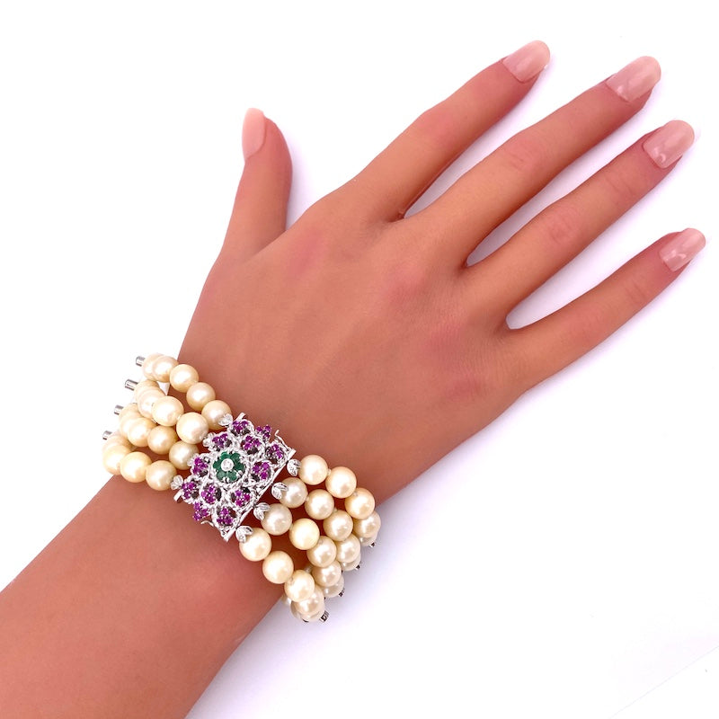 Bracciale perle a 4 fili, con chiusura fiore vintage gemme e oro; 19.5 cm - 17.24 gr