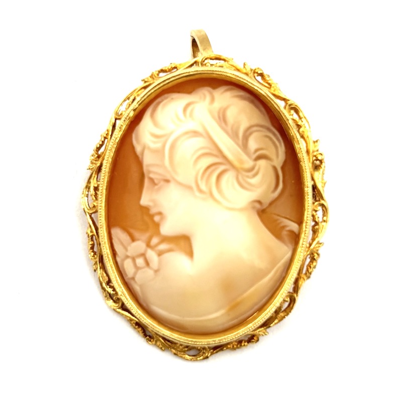 Pendentif Broche Camée Vintage Années 60 En Or 18k – Made In Italy, Nettoyé