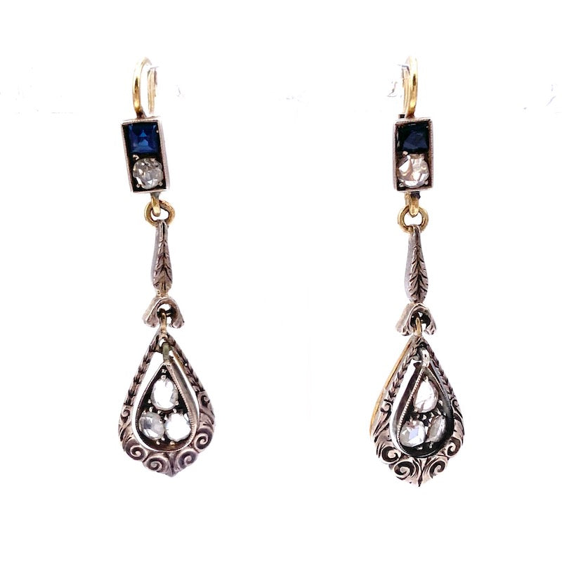 Orecchini pendenti antichi, diamanti, zaffiri e oro - 4.5 cm; 6.39 gr