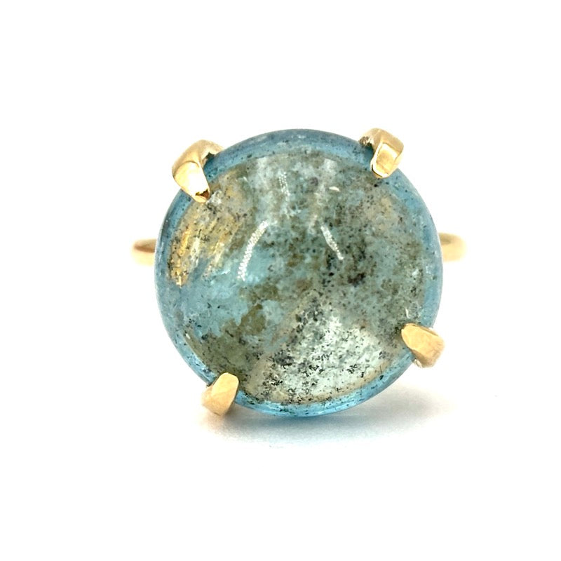 Anello acquamarina rotonda 15.48 ct e oro giallo; 7.74 gr