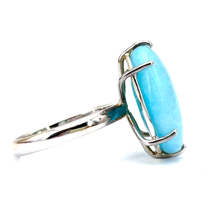 Anello amazzonite azzurra e oro bianco; 5.93 gr
