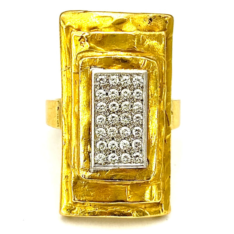 Anello artigianale rettangolo oro giallo massiccio e brillanti; 14.69 gr