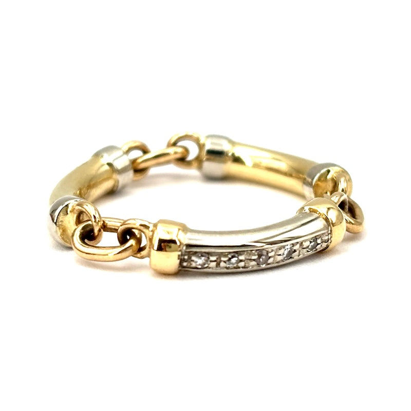 Anello catena mobile cilidri, oro bicolore e brillanti; 4.53 gr