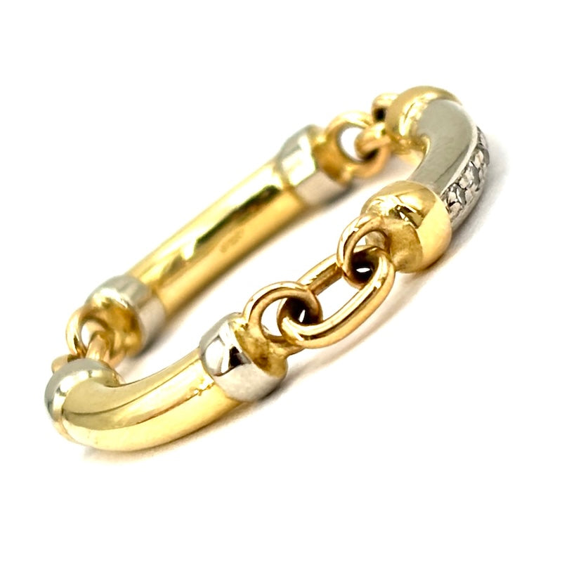 Anello catena mobile cilidri, oro bicolore e brillanti; 4.53 gr