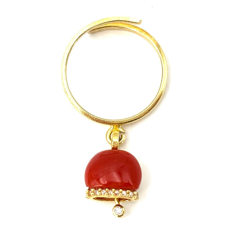 Anello charm campanella design, corallo rosso e argento; 2.9 gr