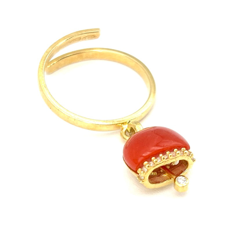 Anello charm campanella design, corallo rosso e argento; 2.9 gr