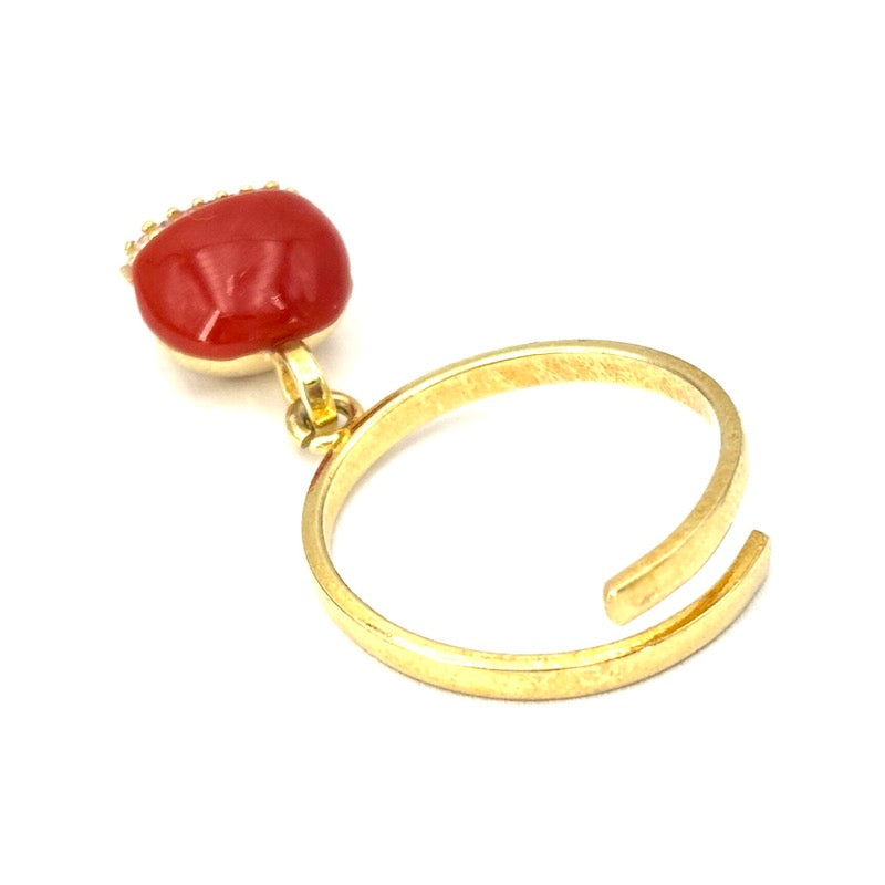 Anello charm campanella design, corallo rosso e argento; 2.9 gr