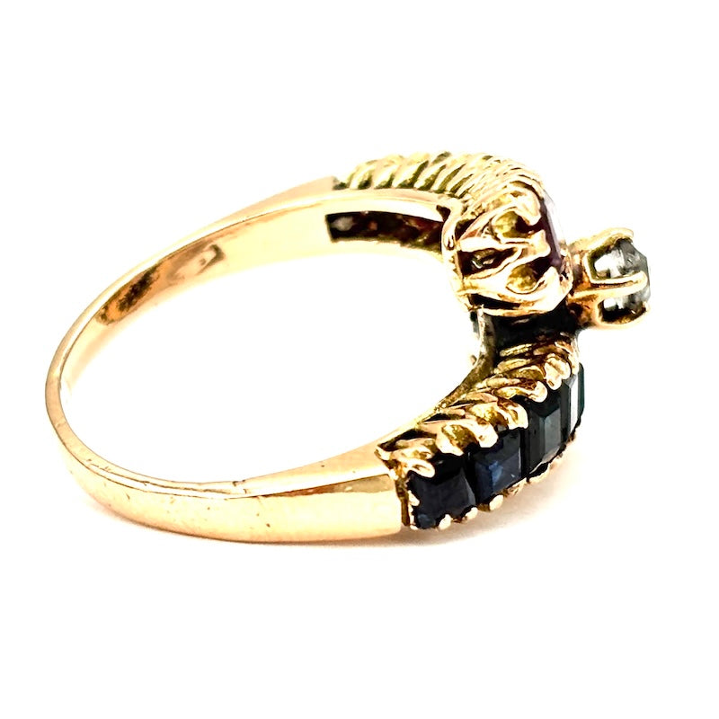 Anello contrariè vintage, zaffiri, rubini, diamante, oro rosa; 3.96 gr