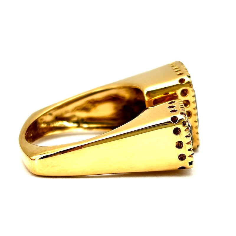 Anello design doppio quadro quarzo, eliodori e oro giallo; 5.07 gr