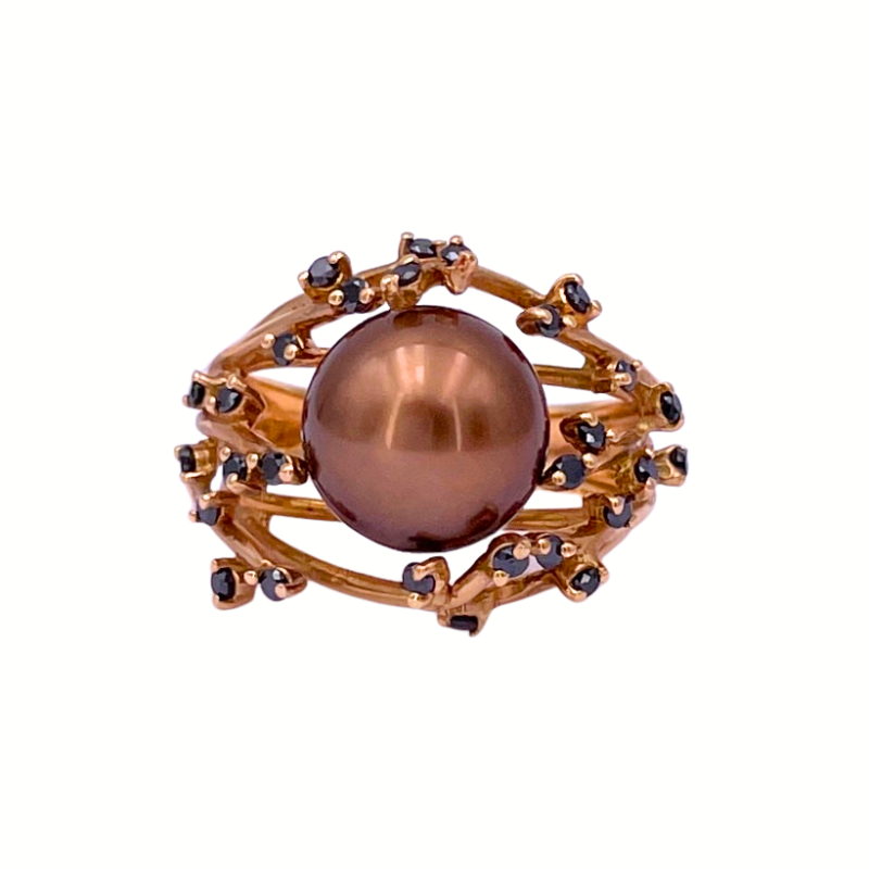 Anello design rami perla australiana Chocolate, oro rosa e brillanti neri; 7.54 gr