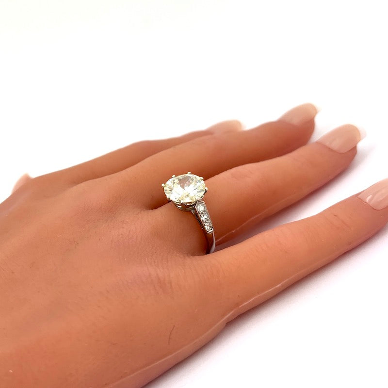 Anello diamante solitario taglio antico da 4.23 ct, CAPOLAVORO decò, platino; 5.45 gr