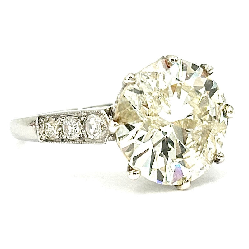 Anello diamante solitario taglio antico da 4.23 ct, CAPOLAVORO decò, platino; 5.45 gr