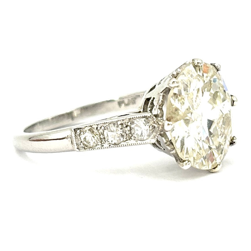 Anello diamante solitario taglio antico da 4.23 ct, CAPOLAVORO decò, platino; 5.45 gr