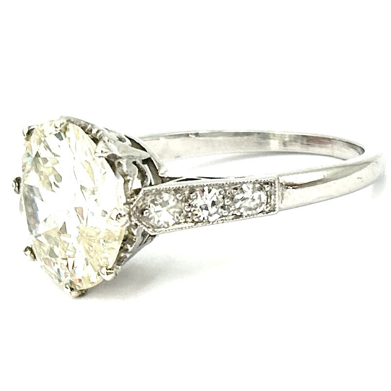 Anello diamante solitario taglio antico da 4.23 ct, CAPOLAVORO decò, platino; 5.45 gr