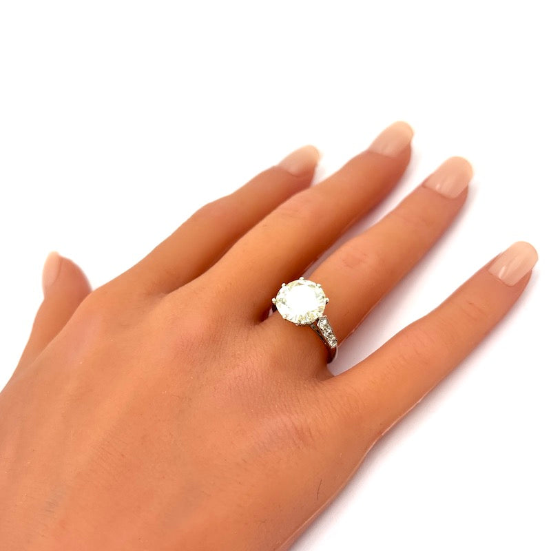 Anello diamante solitario taglio antico da 4.23 ct, CAPOLAVORO decò, platino; 5.45 gr