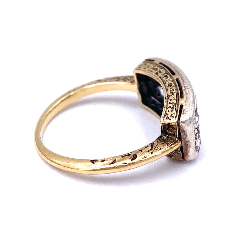 Anello doppia riviera antica, toppa diamanti rose coronè e oro, seconda metà dell'800; 3.99 gr