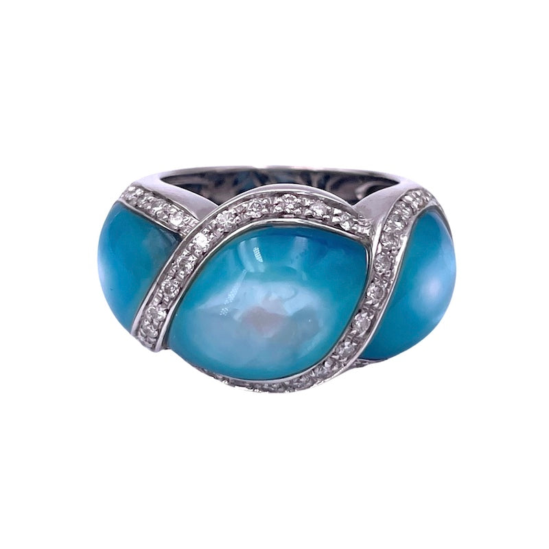 Anello fascia madreperla azzurra, brillanti e oro; 14.48 gr