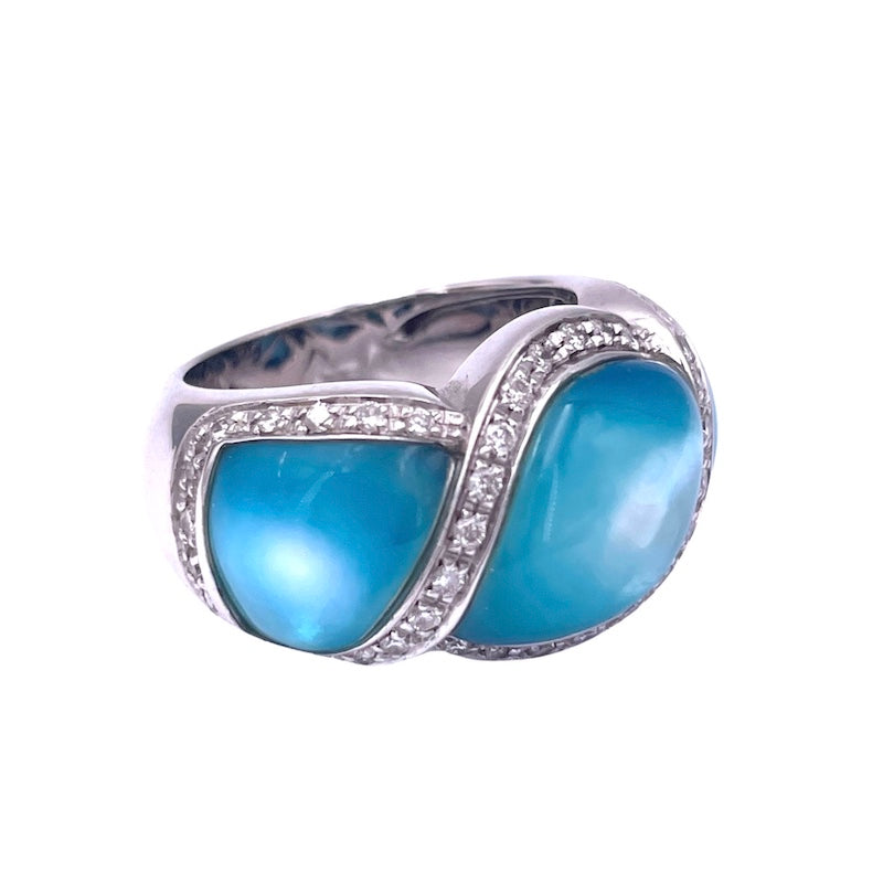 Anello fascia madreperla azzurra, brillanti e oro; 14.48 gr