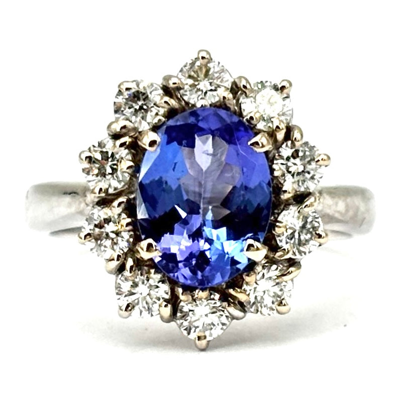 Anello margherita tanzanite, brillanti, oro bianco - 4.73 gr OCCASIONE