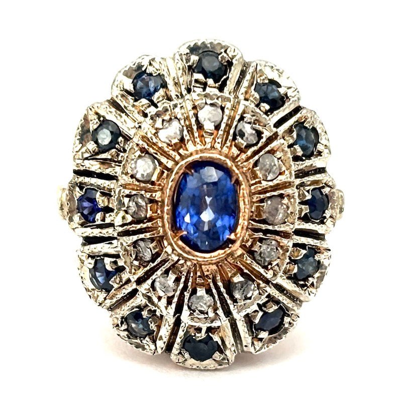 Anello margherita toppa vintage zaffiro e diamanti; 6.38 gr
