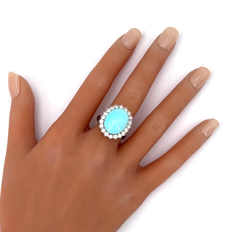 Anello margherita turchese, brillanti, oro bianco - 8.15 gr OCCASIONE