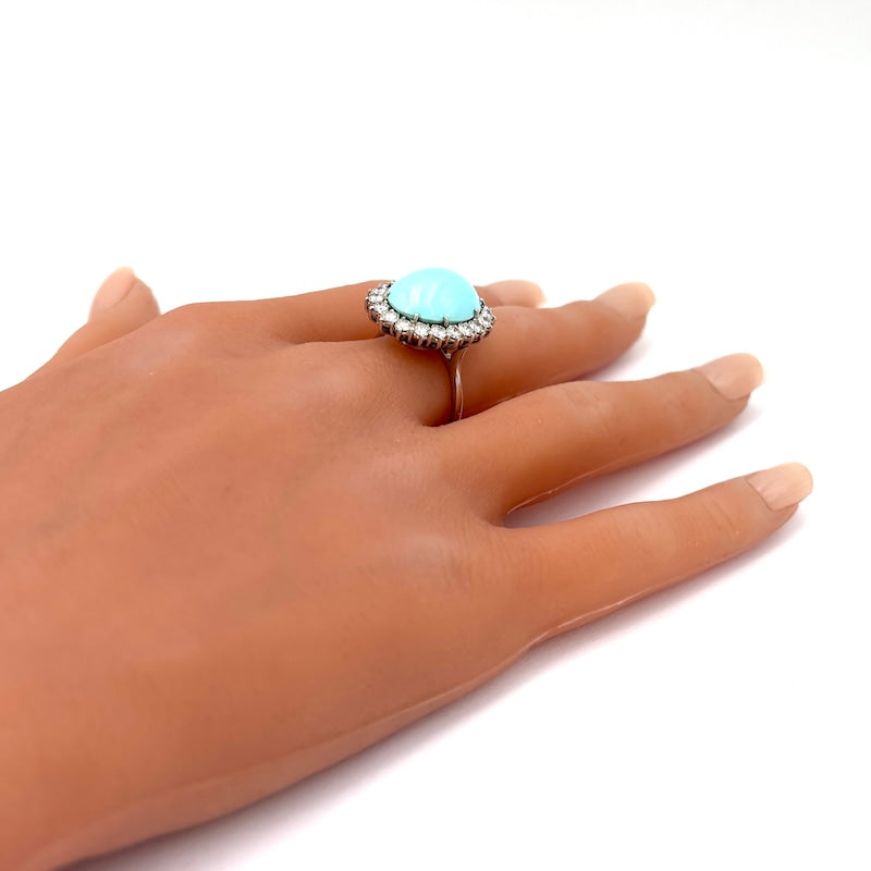Anello margherita turchese, brillanti, oro bianco - 8.15 gr OCCASIONE