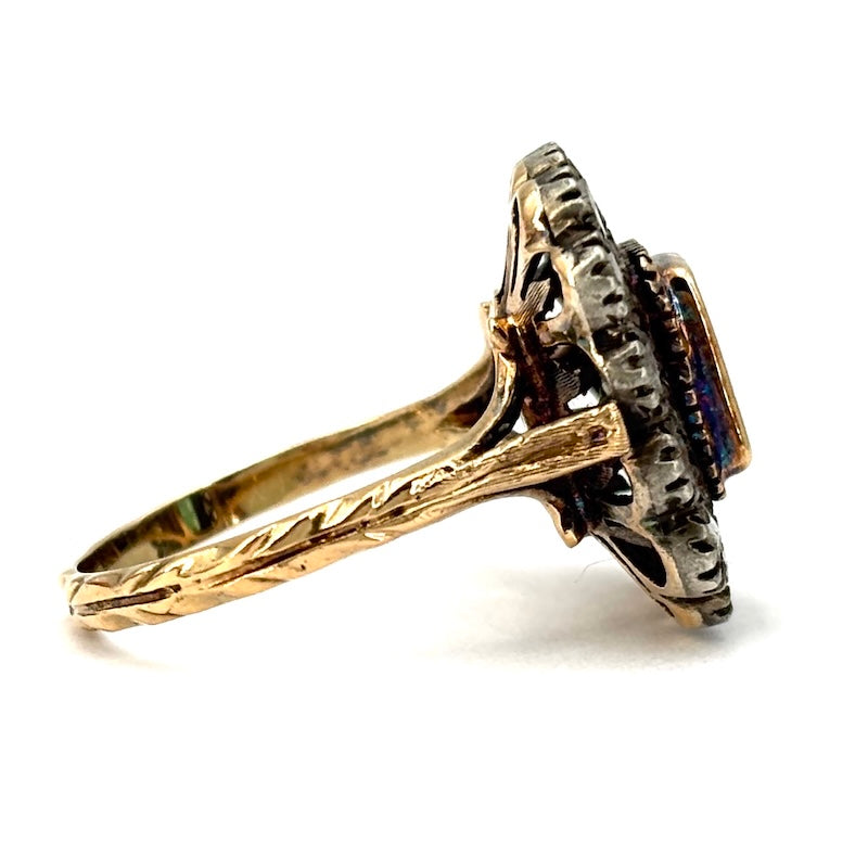 Anello margherita vintage smeraldo e diamanti, in stile; 5.26 gr