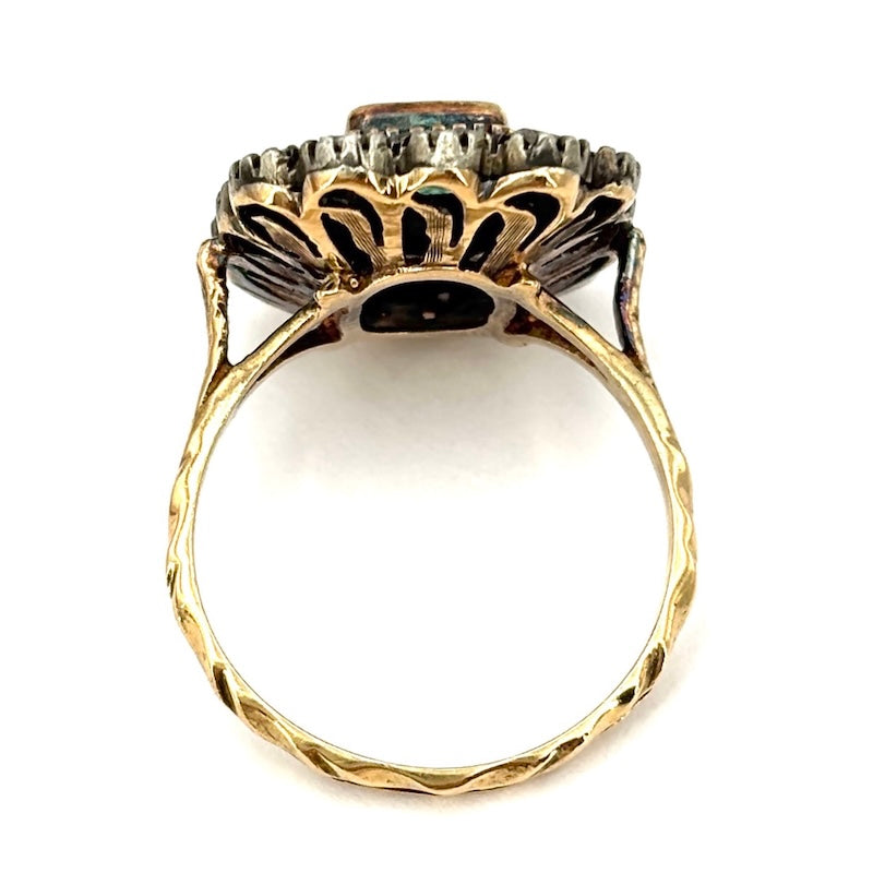 Anello margherita vintage smeraldo e diamanti, in stile; 5.26 gr