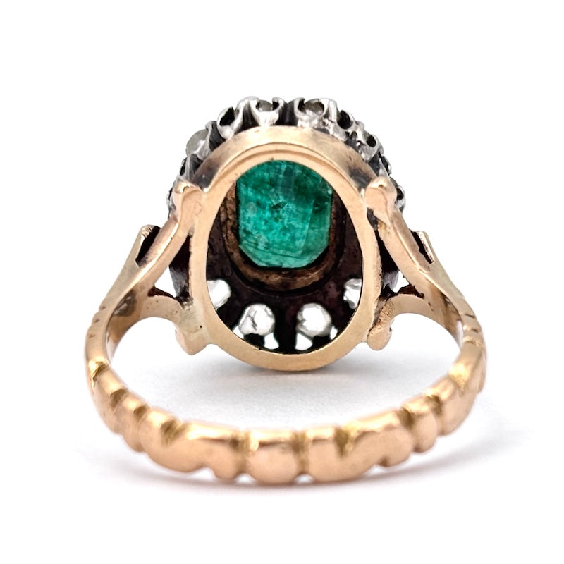 Anello margherita vintage smeraldo scuro e diamanti, in stile; 6.18 gr