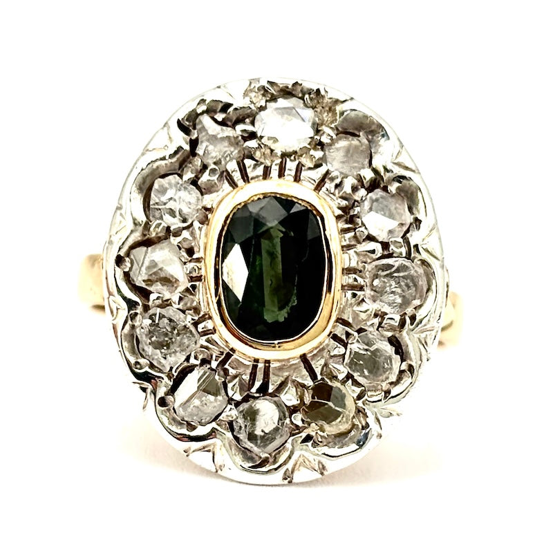 Anello margherita vintage zaffiro e diamanti; 8.72 gr