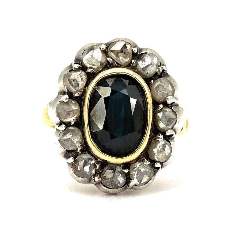 Anello margherita vintage zaffiro e diamanti; 6.84 gr