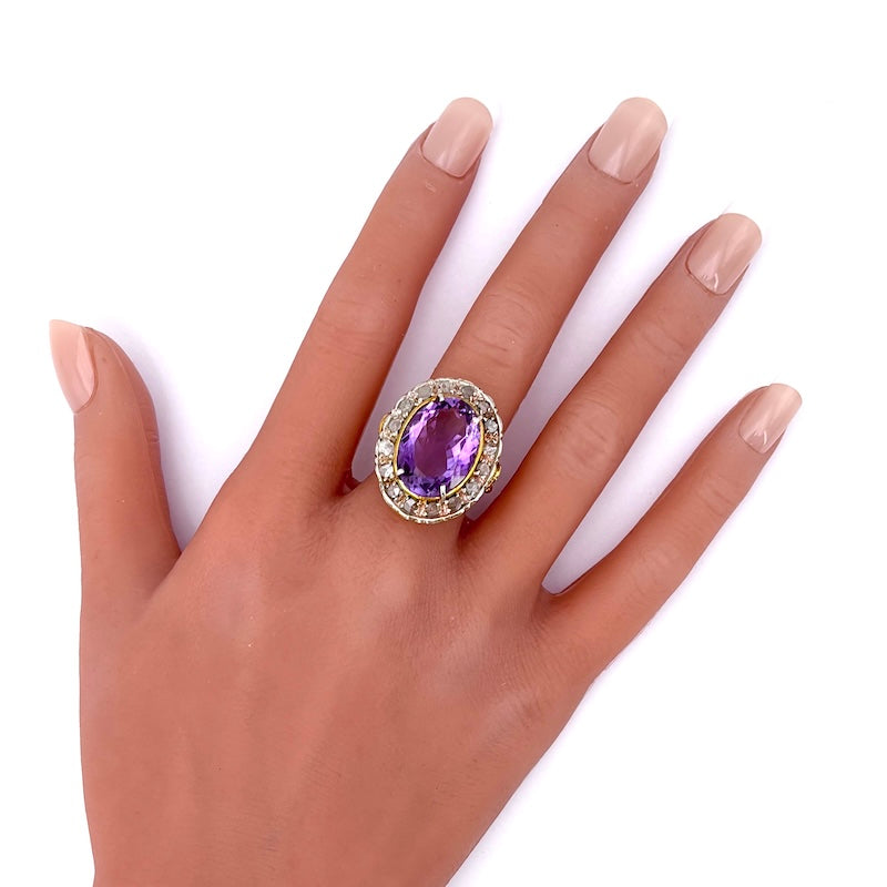 Anello maxi margherita toppa vintage ametista e diamanti; 7.46 gr