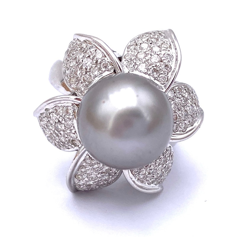 Anello perla tahitiana, fiore brillanti e oro; 18.54 gr