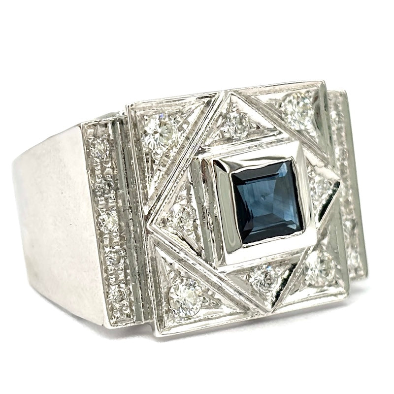 Anello ponte zaffiro carrè e brillanti, oro bianco, stie decò;  9.86 gr