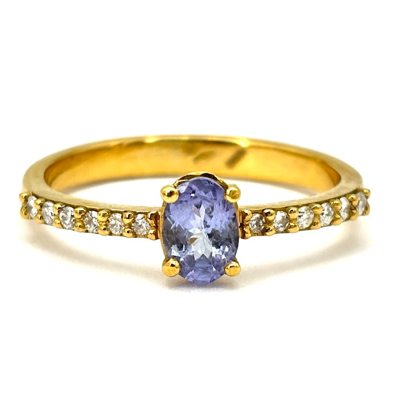 Anello tanzanite e riviera brillanti, oro giallo; 4.65 gr