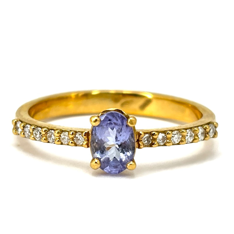 Anello tanzanite e riviera brillanti, oro giallo; 4.65 gr