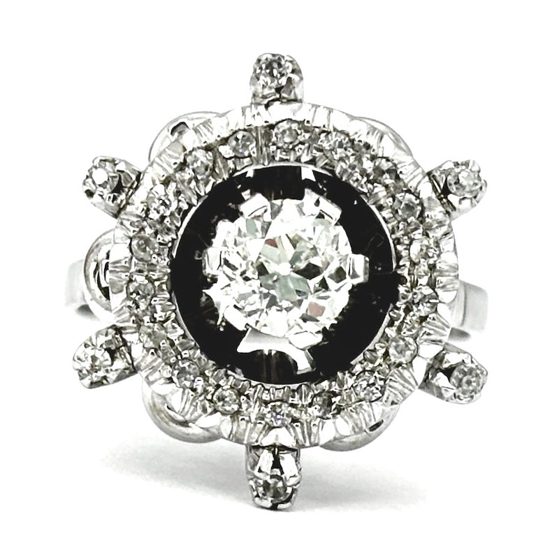 Anello timone solitario taglio antico, diamanti e oro, anni '40-'50; 0.90-1.10 ct; 6.65 gr
