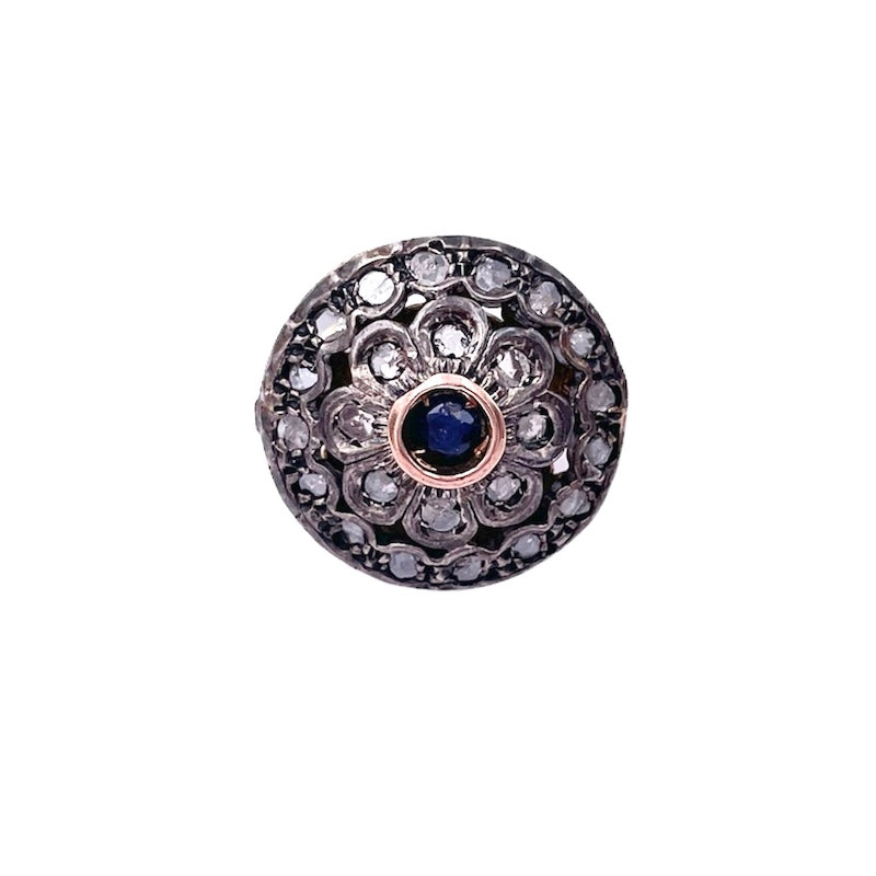 Anello toppa circolare in stile zaffiro, diamanti e oro; 6.99 gr