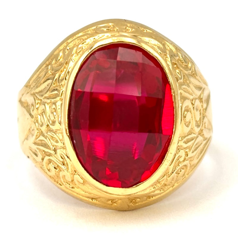 Anello uomo chevalier, gemma rossa ovale, oro giallo; 9.69 gr