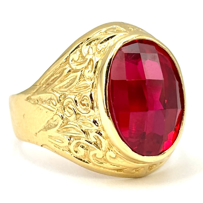 Anello uomo chevalier, gemma rossa ovale, oro giallo; 9.69 gr
