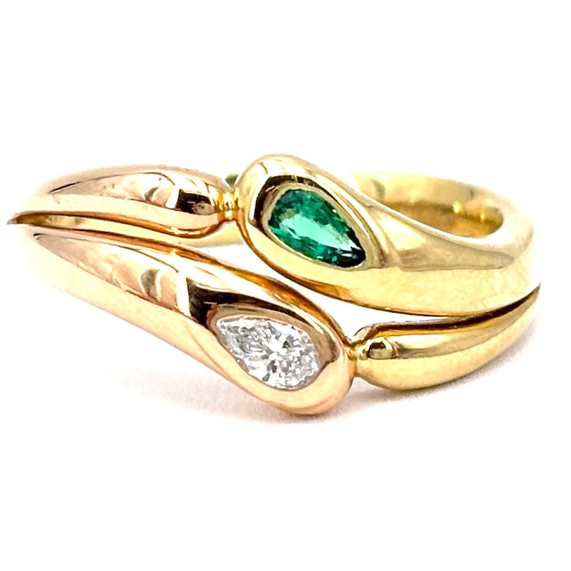 Anello vintage Damiani smeraldo e diamante taglio goccia, in oro giallo e rosa; 5.26 gr