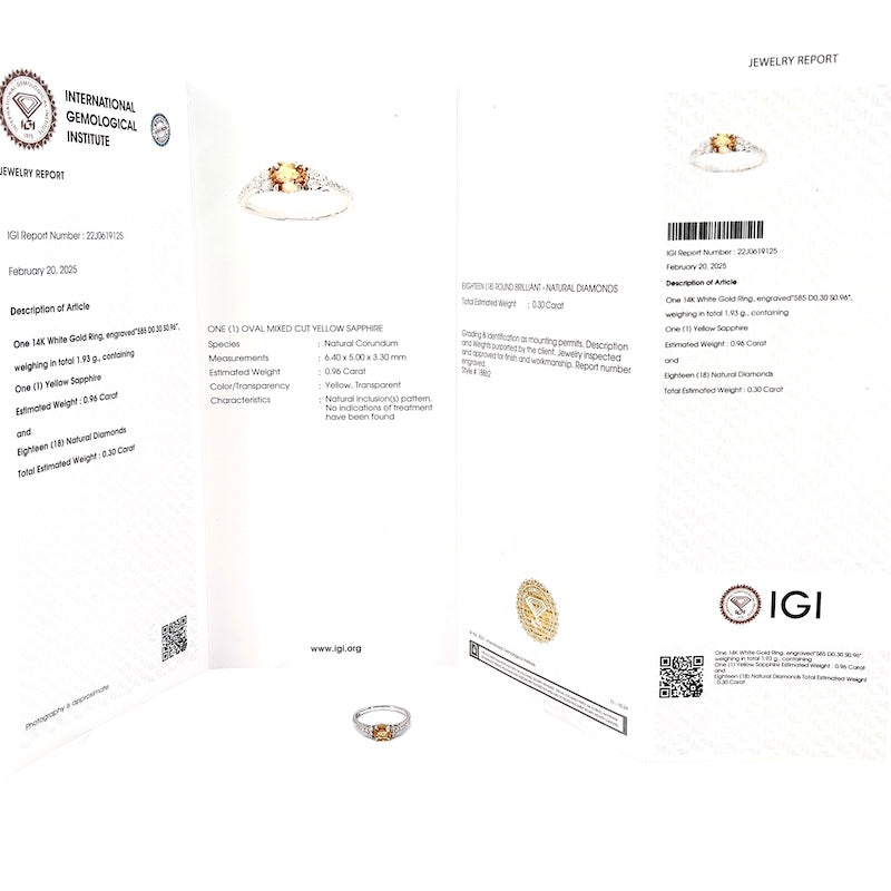 Anello zaffiro giallo e brillanti, oro bianco; 1.92 gr - Certificato IGI