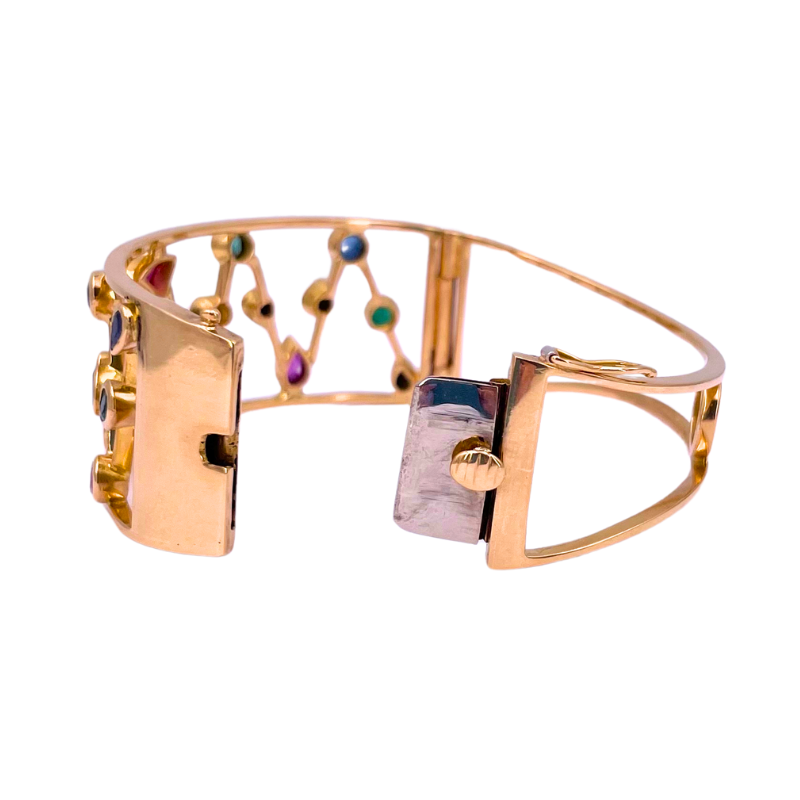 Bracciale a fascia rigido oro, gemme multicolor e brillanti; 0.30-0.40 ct; 36.39 gr