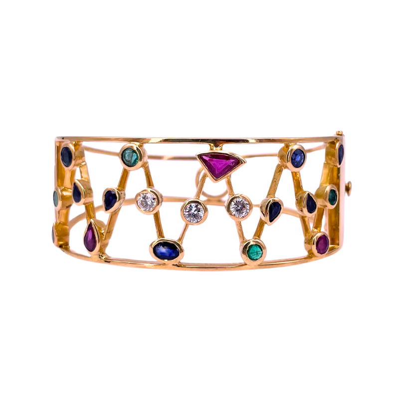 Bracciale a fascia rigido oro, gemme multicolor e brillanti; 0.30-0.40 ct; 36.39 gr