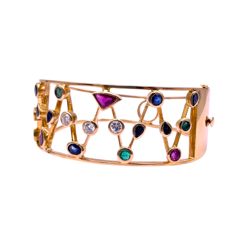 Bracciale a fascia rigido oro, gemme multicolor e brillanti; 0.30-0.40 ct; 36.39 gr