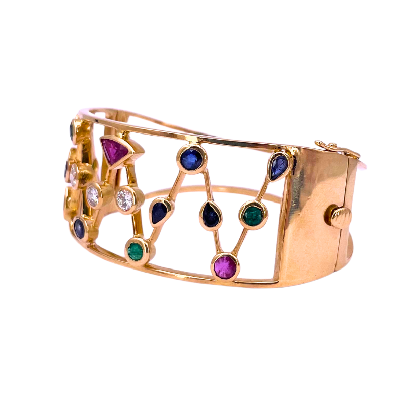 Bracciale a fascia rigido oro, gemme multicolor e brillanti; 0.30-0.40 ct; 36.39 gr
