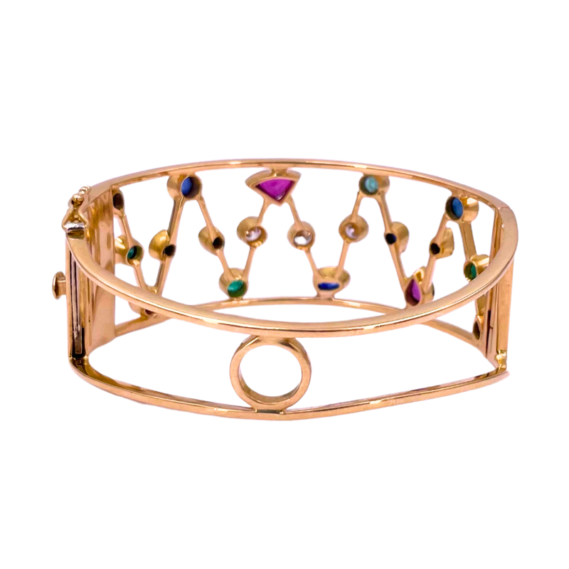 Bracciale a fascia rigido oro, gemme multicolor e brillanti; 0.30-0.40 ct; 36.39 gr