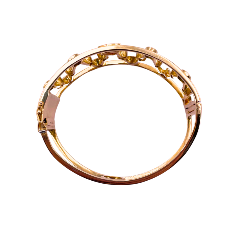Bracciale a fascia rigido oro, gemme multicolor e brillanti; 0.30-0.40 ct; 36.39 gr